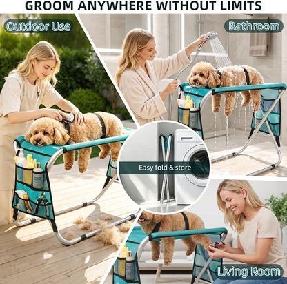 Dog Grooming Hammock with Stand, Dog Grooming Table for Senior Dogs Bath | 50 lbs Capacity, Ground Support Design, Heavy-Duty Aluminum Frame, Breathable Washable Mesh, Foldable Storage, Turquoise
