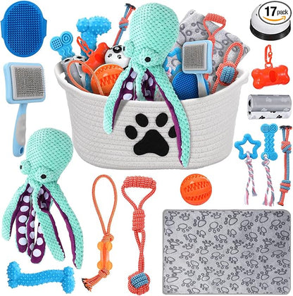 Zopeal 17 Pcs Summer Puppy Gift Set, Dog Toy & Essentials Bundle with Chew Toys, Poop Bag Dispenser, Grooming Brush, Training Bell, Blanket & Rope Basket(White,Octopus)