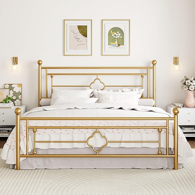 SHA CERLIN 14 Inches King Size Metal Platform Bed Frame/Vintage Iron-Art Headboard and Footboard/Mattress Foundation for Storage/No Box Spring Needed/Noise-Free/Easy Assembly/Gold
