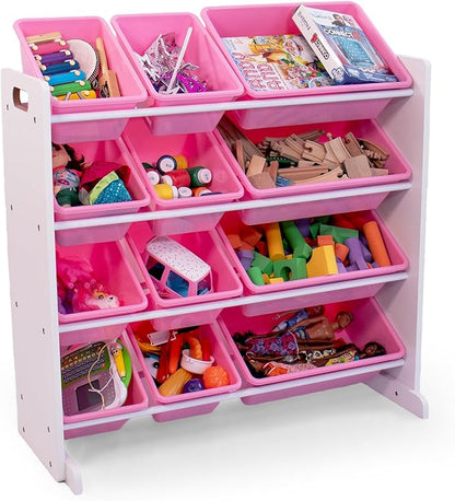Humble Crew Kids Toy Storage Organizer with 12 Plastic Bins, White/Pink – Removable Bins for Playroom, Bedroom, Toddler Furniture for Boys and Girls Ages