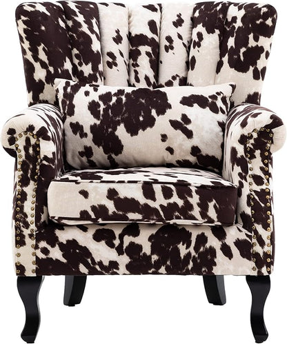 DM Furniture Cow Print Accent Chair Modern Velvet Armchair Tufted Wingback Club Chair Single Sofa Lounge Side Chair with Pillow for Living Room Bedroom, Cow