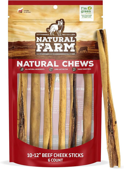 Natural Farm Bully Cheek Stick, 10-12 Inch (6-Pack)- Best Bully Stick Alternative, 100% Natural Beef Cheeks for Dogs- High Protein, Cleans Teeth Treats, Long Lasting Beef Chews for All Dog Sizes