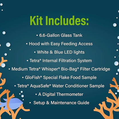 GloFish Aquarium Starter Kit, 6.6 Gallon Fish Tank, Includes Blue & White LED Lights, Tetra Whisper Bio-Bag Filter & Thermometer