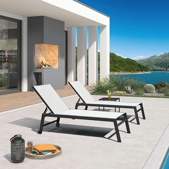 PURPLE LEAF Outdoor Chaise Lounge Set for 2 Oversized Pool Lounge Chairs with Easy-to-Move Wheels and Adjustable Backrest Extra Large Patio Loungers for Poolside Deck Beach Yard Table Included, Linen