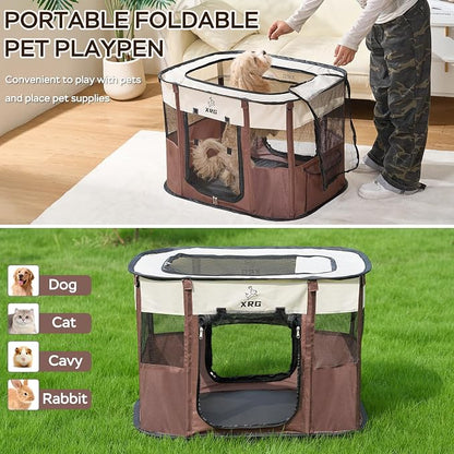 XRG Foldable Pet Playpen,Indoor Cat cage Puppy Crates M(31.5"x23.6"x21.7") | Portable Dog Crates with Upgrade Breathable Mesh，Sturdy Cat Kennel Indoor & Outdoor for Rabbit or Small Animals,Brown