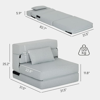 HOMCOM Folding Sofa Bed, Sleeper Chair with Pillow, Modern Linen Convertible Chair Bed, Fold Out Floor Futon Couch for Living Room, Dorm, Guest Use, Home Office, Light Gray