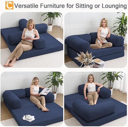 COMAX Futon Sofa Bed, 4-in-1 Floor Foldable Sofa Couch Bed Queen with L-Shaped Armrests, Convertible Folding Chair Bed Sleeper Mattress Fold Out Comfy Lounge for Living Room Bedroom, Dark Navy Blue