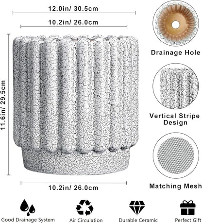 Ceramicfor Ceramic Planter, 12 Inch, Black and White | Indoor Plants, Drainage Hole, Fluted Round Design, Indoor & Outdoor Use
