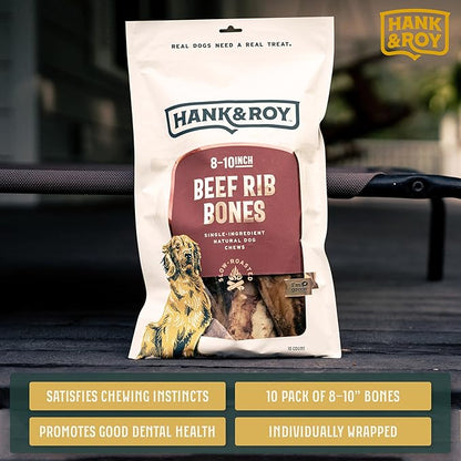 Hank & Roy All-Natural, Single-Ingredient 8-10” Beef Rib Bones for Dogs, Long Lasting, Engaging Dog Bones, Individually Wrapped for Odor Control and Freshness