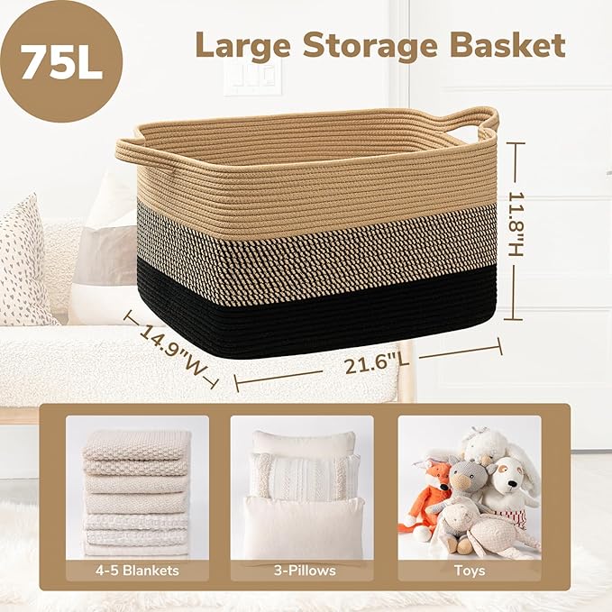 Goodpick Woven Blanket Basket, 21.6" x 14.9" x 11.8" Wicker Laundry Basket for Clothes, Storage Baskets for Organizing, Rectangle Rope Large Baskets for Storage, Black Jute