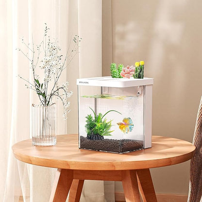 Small Fish Tank Aquarium kit 1.5 Gallon Betta Fish Tank with Silent Water Pump Filter LED Light,Fish Bowl (White)