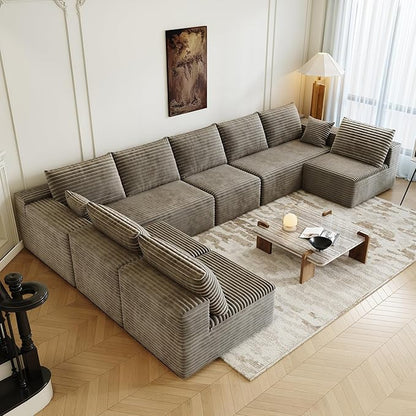 139.4" Modular Sectional Sofa Couch, Oversized U-Shaped Minimalist Couches with 4 Middle Seats Chaise, Modern Deep Seat Cloud Plush Corduroy Sofas Set for Living Room, 8 Seater, Camel