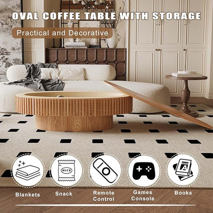 FGXJY Oval Coffee Table with Storage, Modern Wooden Coffee Table with Solid Wood Veneered, Fluted Center Table Drum Tea Table for Living Room Apartment, 47.2''L×23.6''W×14.2''H