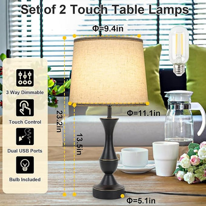 Touch Lamps for Bedrooms Set of 2, Farmhouse Table Lamp with USB C Charging Port, 3 Way Dimmable Nightstand Lamps with Linen Fabric Lampshade for Bedroom, Living Room (Pack2-Black)