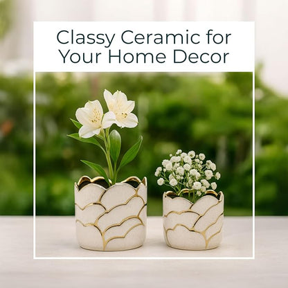 Modern Decorative Home Decor Planters for Flower Pots - Ideal for Indoor and Outdoor Plants for House Decor - Plant Pots for Garden Accent or Plant Stand Indoor - Set of 2, 7", 5", Ivory & Gold
