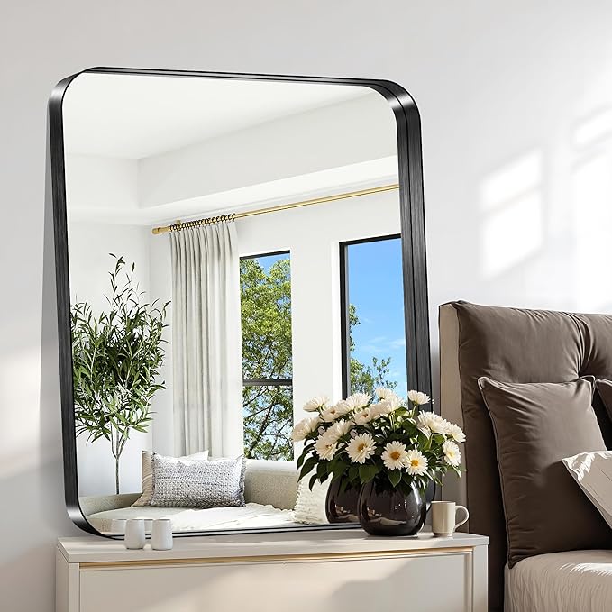 CIRCUMI Black Bathroom Mirror, Rounded Corner, Tempered Glass, Mirror