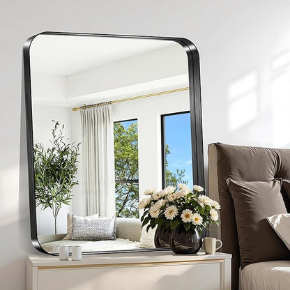 CIRCUMI Black Bathroom Mirror, Rounded Corner, Tempered Glass, Mirror