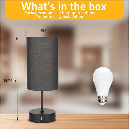 Bedside Table Lamp for Bedroom - 3 Way Dimmable Touch Lamp USB C Charging Ports and AC Outlet, Black Base Round Flaxen Fabric Shade for Living Room, Desk, LED Bulb Included(Black)