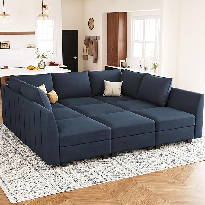 Belffin Large Modular Sectional Sofa Sleeper Couch with Storage Velvet Sectional Sofa Bed for Living Room, 9 Seats, Blue