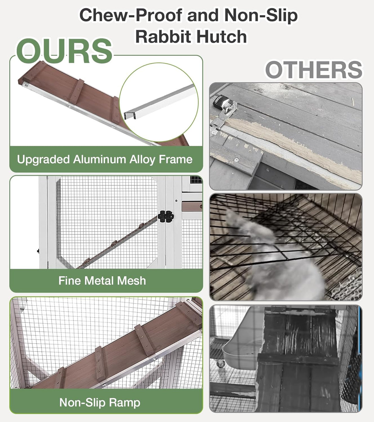 Rabbit Hutch 2-Story Wooden Bunny Cage with 2 Leak-Proof Sliding Trays, Chew-Proof Metal Mesh, Rainproof Cover, Indoor & Outdoor Guinea Pig House with Wheels - Brown