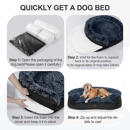iweepet Fluffy Orthopedic Dog Beds for Large & Extra Large Dogs, 41" Calming Dog Sofa Bed with Supportive 28D Egg-Crate Foam, Removable Washable Cover, Waterproof Lining, for Puppy,Senior,Sick