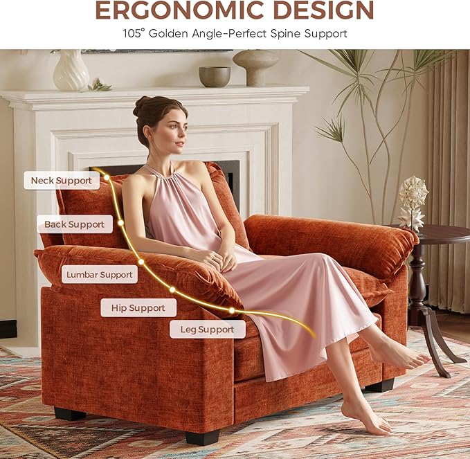 HUSFU Oversized Accent Chair, 49.5'' W Chenille Cloud Sofa Chair with Deep Seat and Extra Wide Armrests, Comfy Reading Armchair for Bedroom, Living Room, Terracotta Orange