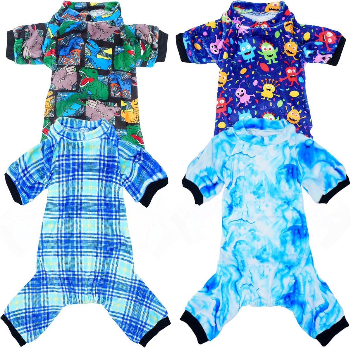 PET SHOW 4 Pack Small Dog Pajamas Cute Dinosaur Monster Clothes for Medium Dogs Soft Stretchy PJs Plaid Jumpsuit Puppy Cats Tie Dye Onesies Outfits with Sleeve Pets Dachshund Costume(M, Blue for Boys)