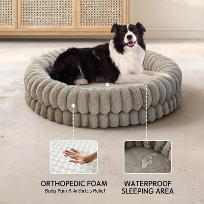 BALANCE Luxury Donut Dog Bed, 36 Inches Round Dog Beds Large Sized Dogs Washable, Orthopedic Calming Dogs Bed for Pets with Anti-Slip Bottom, Oatmeal