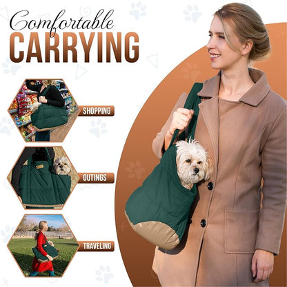 Plush Dog Purse Carrier for Small Dogs, Soft Dog Tote Bag with Safety Harness Clip, Cozy Pet Carrier for Dogs Under 15 lbs, Comfortable Dog Shoulder Carrier for Travel, Green