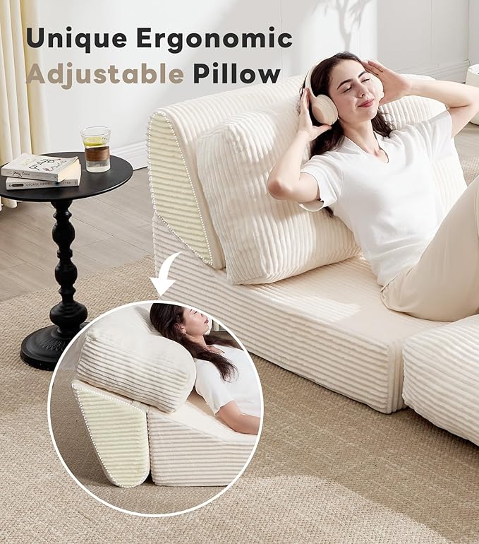Tbfit 35.8‘’ Oversized Folding Sofa Bed, Convertible Sleeper Chair with Adjustable Back, Corduroy Folding Couch Bed, Portable & Foldable Mattress Boneless Floor Sofa for Living Room, Bedroom, White