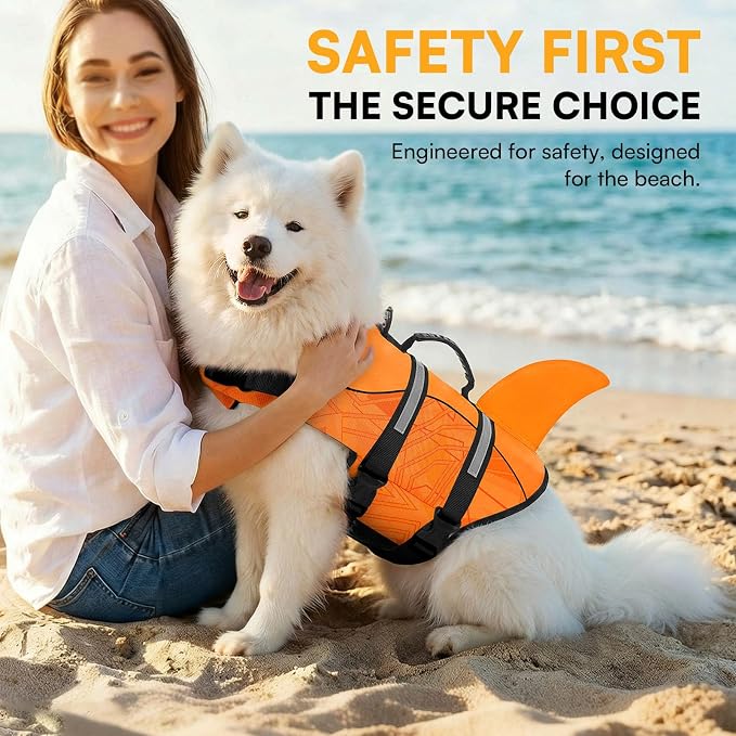 Dog Life Jacket High Flotation, Reflective Dog Life Vest for Swimming, Adjustable Dogs Life Preserver Rescue Handle Spring Summer Pool for Small, Medium, Large Dogs (OrangeLines,XXL)