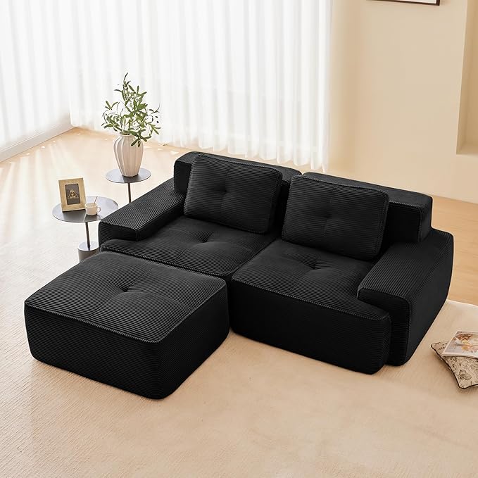80'' Loveseat Sofa, 32D Foam Corduroy Boneless Couch with Pillow, Deep Seat Wide Arm Sectional L Shaped Couch for Living Room, Small Spaces, Studio Apartment