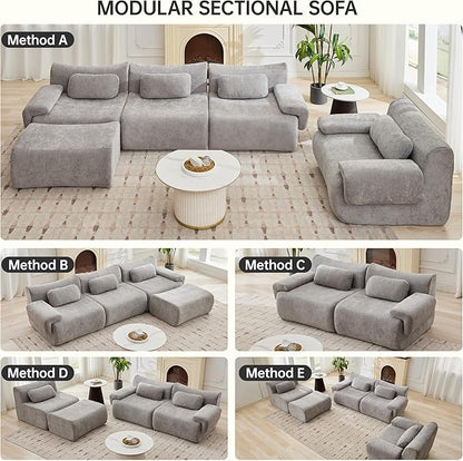 117”L Shaped Modern Sofa Modular Sectional Cloud Couch with Ottoman,Oversized Boneless Sofa,3+1 Seater Chenille Deep-Seat Sofa with 3 Pillows,Suitable for Living Room or Bedroom (Grey)