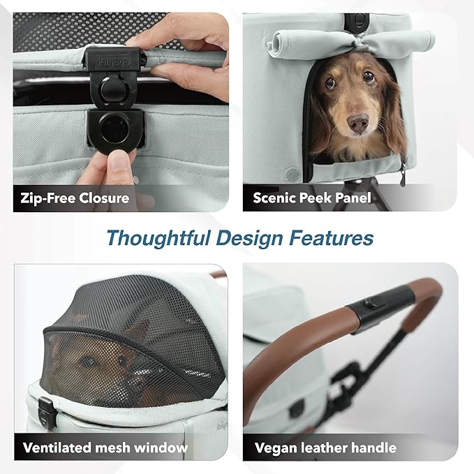 ibiyaya Tinker Pet Stroller for Small Dogs and Cats – 3-in-1 Pet Carrier, Dual-Opening Canopy, No-Flat Wheels, Vegan Leather Handle, Large Storage Basket (Sage Green)
