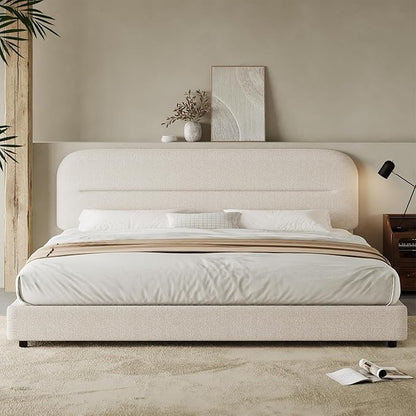 HOMBCK King Size Bed Frame, Upholstered Boucle Bed Frame King with Headboard, Soft Cloud Bed Frames with Thickened Footboard, Rounded Corners, No Box Spring Required, Easy Assembly, Cream