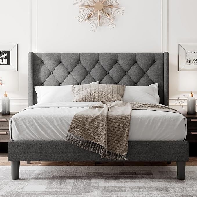 Feonase Full Size Bed Frame with Upholstered Wingback Headboard, Platform Bed and Heavy Duty Wooden Slats Support, Easy Assembly, Noise-Free, No Box Spring Needed, Dark Gray