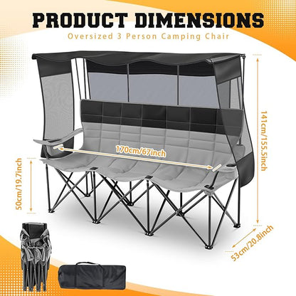 Teenyyou 3 Person Camping Chair with Canopy Shade Fully Padded Folding Outdoor Oversized Sofa, Heavy Duty Couch with Cup Holder and Carry Bag (Black and Grey,3 Person,Canopy Camp Chair)