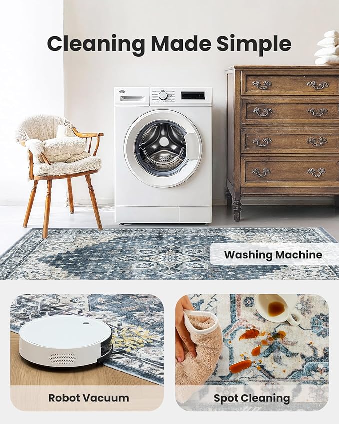 AMADA HOMEFURNISHING 8x10 Washable Area Rug, Low-Profile Large Area Rug with Non-Slip Backing & Durable Edge Binding, Vintage Large Rugs for Living Room, Bedroom, Dinning Room