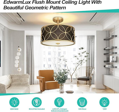 3-Light Semi Flush Mount Ceiling Light, 16" Drum Light with Fabric Shade, Modern Close to Ceiling Lamp for Living Room Bedroom Dining Room Kitchen Hallway Entry Foyer (Black Gold)