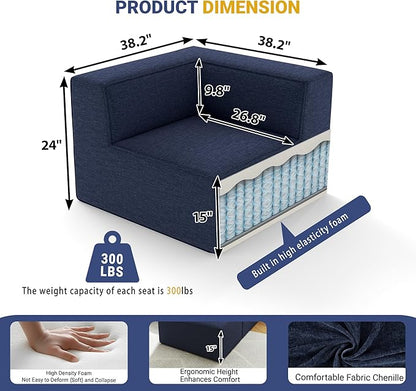 38“ Modular Sectional Sofa Convertible Cube Couch Seat Set, Combine L-Shaped U-Shaped, Free Assembly, Space-Saving for Living Room, Thick Foam Fabric Chenille Blue (Only Corner)