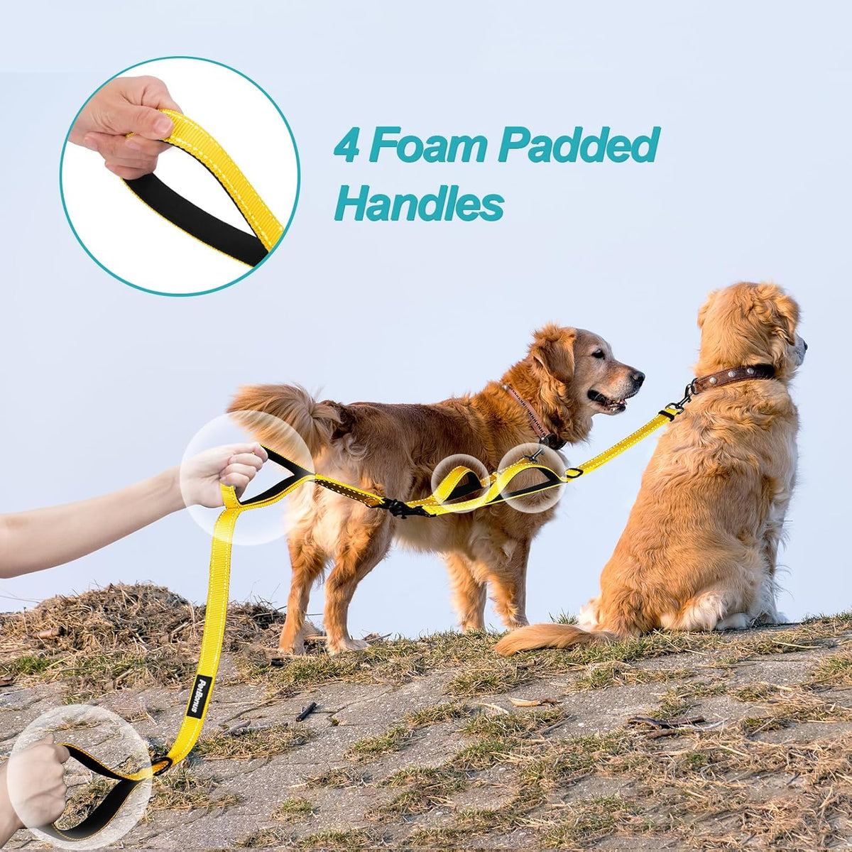 PetBonus Double Dog Leash, No Tangle Dual Leash, Reflective Walking Training Lead, 4 Comfortable Padded Handles for 2 Dogs with Collapsible Bowl and Waste Bags (Yellow, Large)