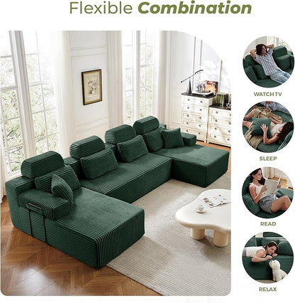141" U-Shaped Cloud Modular Sectional Sofa with Chaise & Headrest, Boneless Deep Seat Plush Corduroy Couches for Large Living Room, No Assembly Required (Green, 141" U-shapred Chaise)