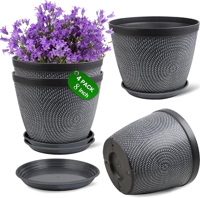 Quarut 4 Pack 8 Inch Flower Pots Planters for Outdoor Indoor, Plastic Plant Pots with Drainage Hole & Tray, Modern Decorative Garden Pot with Saucer, planters for House (Gray)