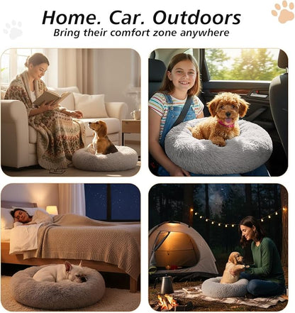JOLLYVOGUE Calming Dog Bed for Small Dogs - 23 inches Donut Washable Small Dog Bed for Kittens & Puppies, Anti-Slip Round Fluffy Plush Faux Fur Cat Beds (Fits up to 25 lbs Pets, Grey)