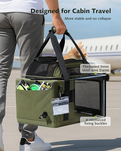 Pecute Top Expandable Airline Approved Pet Carrier for Cats, Dark Gray | Top side expandable, breathable scratch-resistant mesh, leakproof pee pad, locking zippers, foldable travel bag under 11lbs.