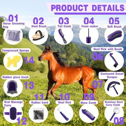 Abbylike 15 Pieces Horse Grooming Kit with Organizer Tote Bag Tack Room Supplies Horse Brush Sets Care Equine Cleaning Kit Shedding Grooming Massaging Tools(Purple and Grey)