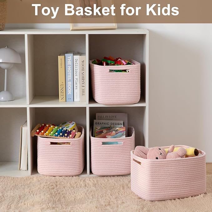 Storage Baskets for Organizing, Woven Decorative Baskets for Shelves - Books, Towels, and Clothes, Cotton Rope Toy Storage Bins, 12.7''Lx9''Wx7.8''H, Pack of 4, Pink