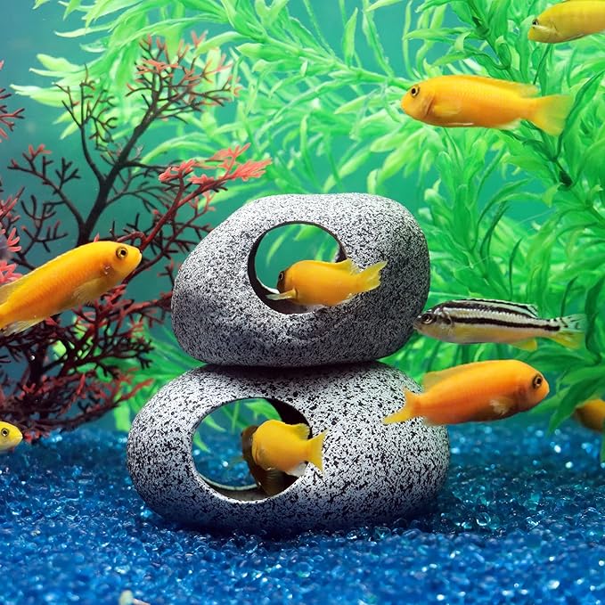 JIH Aquarium Decorations Rock, Ceramic Shelters - Shrimp Habitat, Breeding Tube, Hiding cave, Stackable Fish Tank Decor Cave for Hiding, Betta Fish (J001+J002)