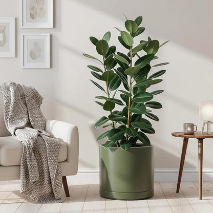 D'vine Dev 16 Inch Ceramic Planter Pot, Olive, 94-O-H-J | Modern Cylinder Design, Drainage Hole & Saucer Included, Stable Structure, Elegant Home Accent