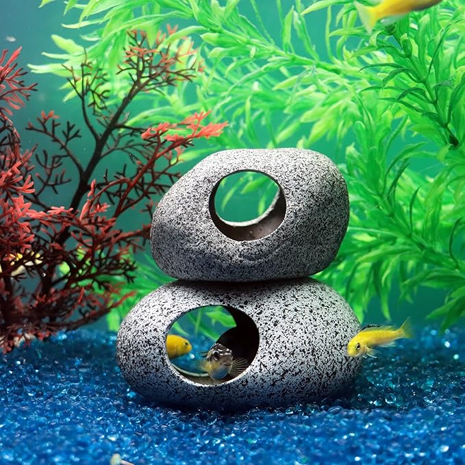 JIH Aquarium Decorations Rock, Ceramic Shelters - Shrimp Habitat, Breeding Tube, Hiding cave, Stackable Fish Tank Decor Cave for Hiding, Betta Fish (J001+J002)